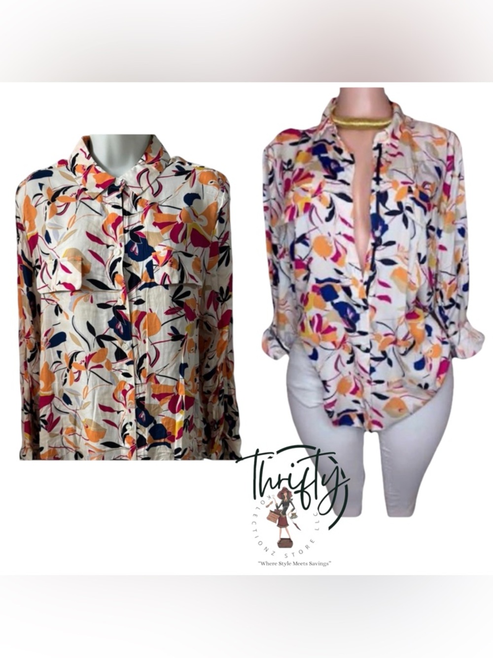 Chico’s Women’s Floral BottomDown Top Size 2 CreamMulticolor Lightweight Blouse